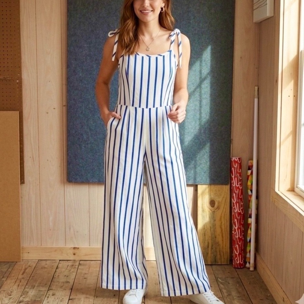 J. Peterman Womens 100% Linen Striped Wide Leg Jumpsuit Navy White Size 10